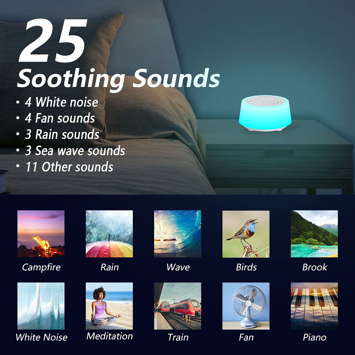 Color Noise sound machine with 10-color night light creates calming ambiance.