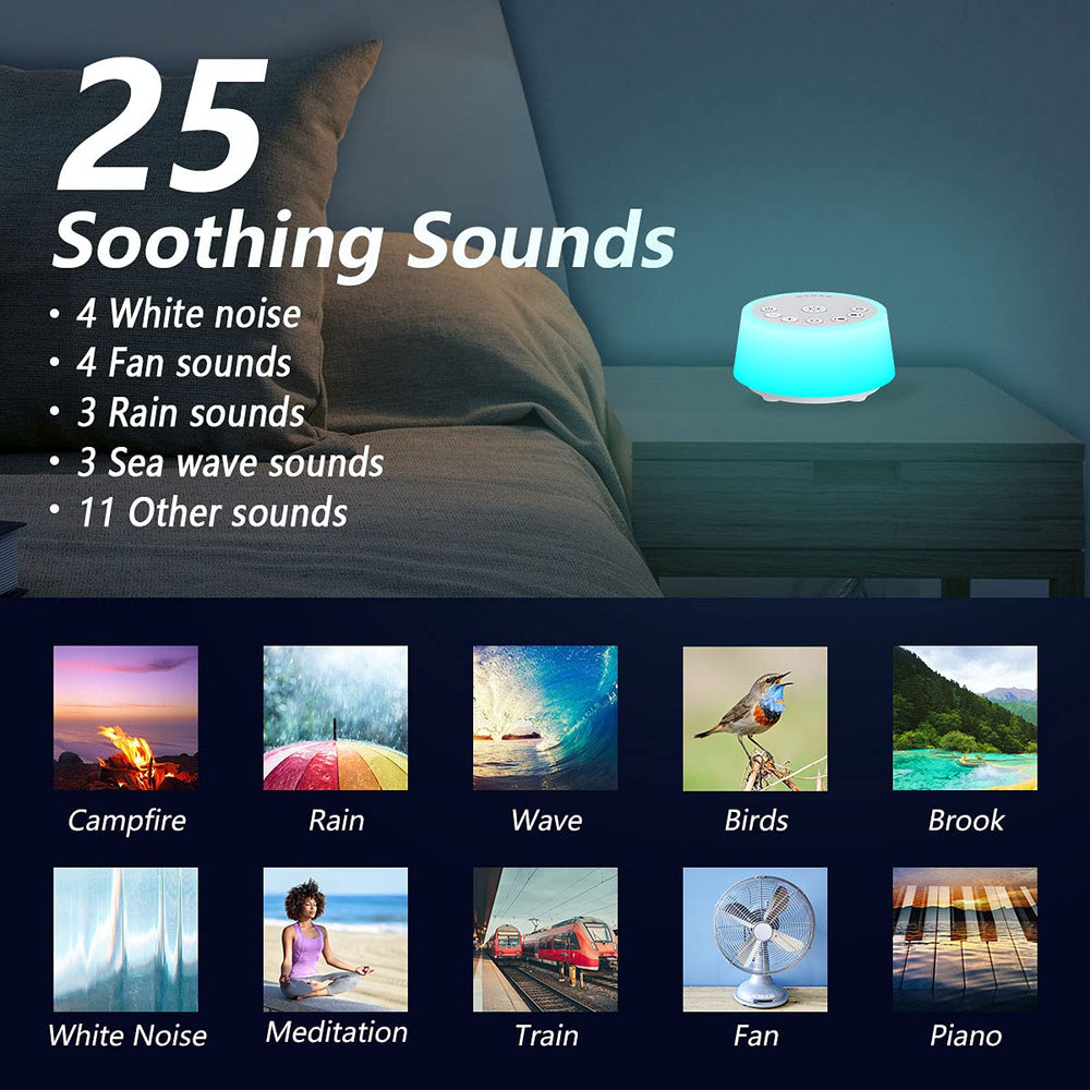 Color Noise sound machine with 10-color night light creates calming ambiance.