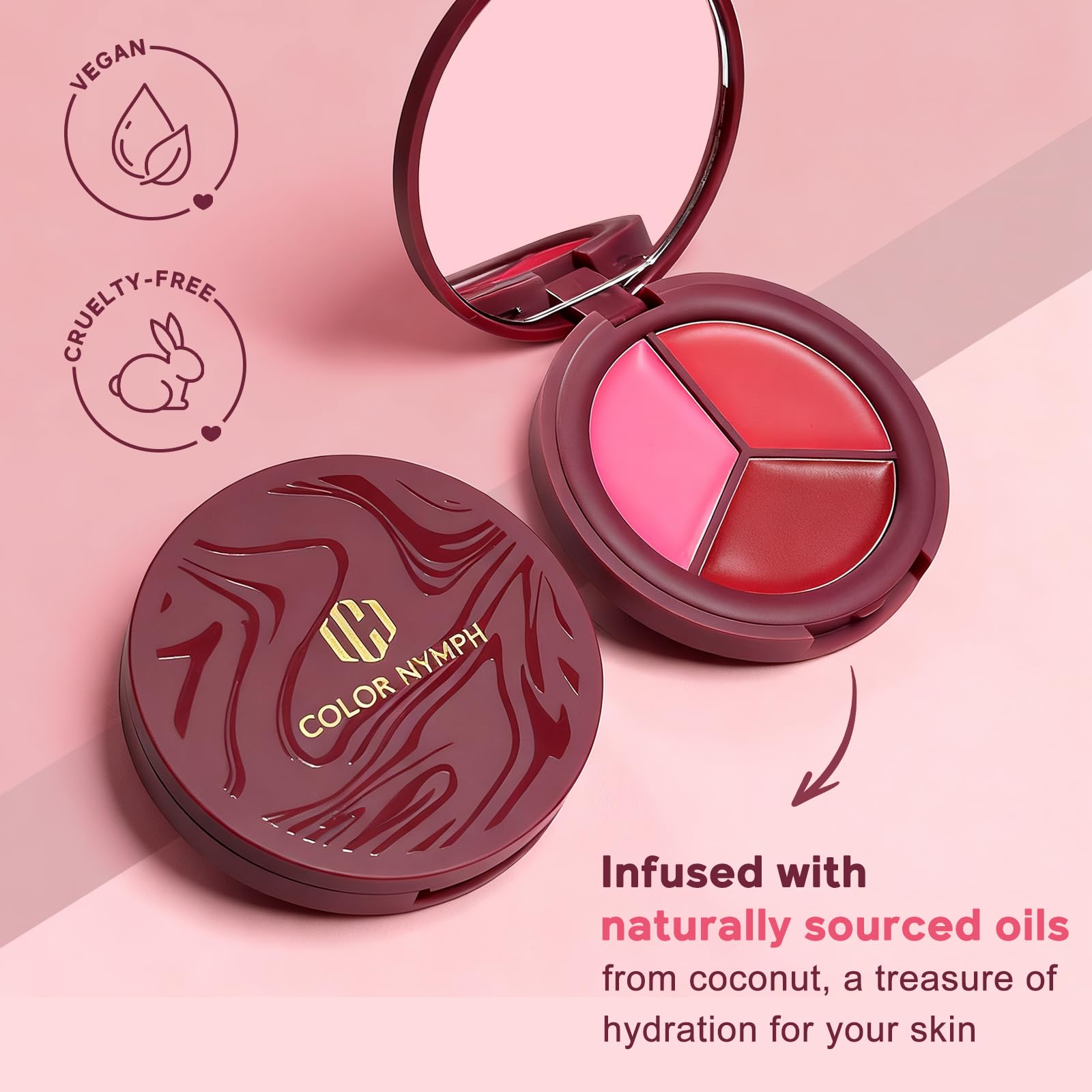 Color Nymph blush palette used as lip tint for subtle color and hydration.