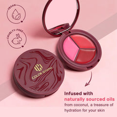 Color Nymph blush palette used as lip tint for subtle color and hydration.