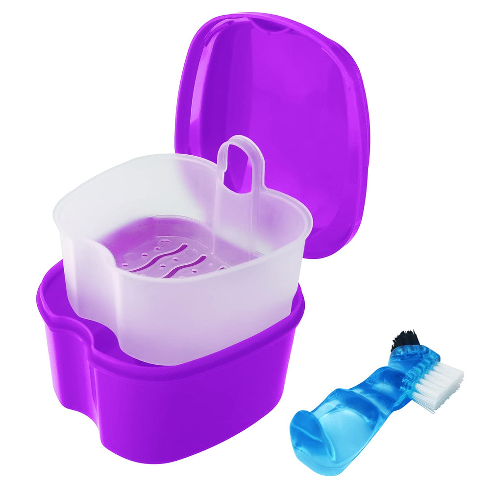 Purple Colorful Denture Bath Case with Brush, closed with lid