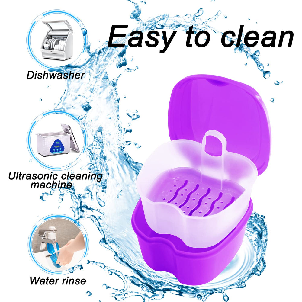 Denture storage case with drain basket and hook