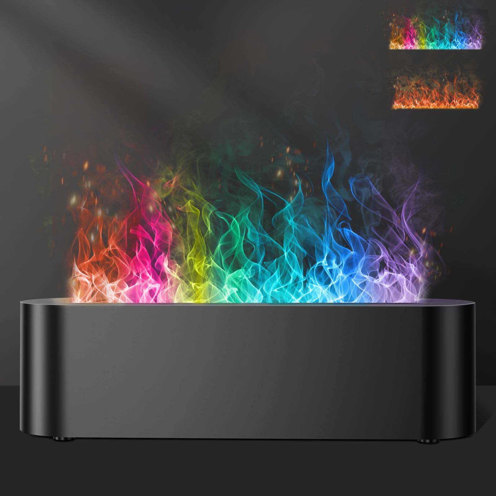 Colorful flame diffuser with 7-color LED flame glowing on the unit