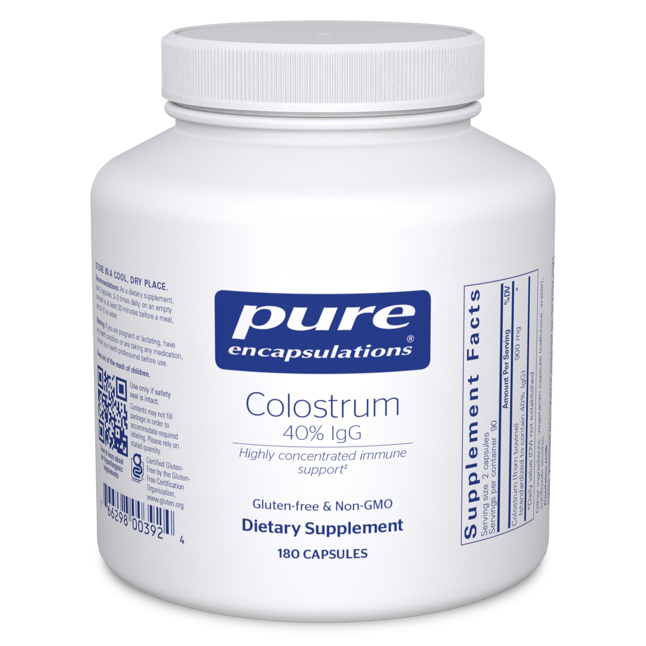 Front view of Pure Encapsulations Colostrum 180 capsules bottle