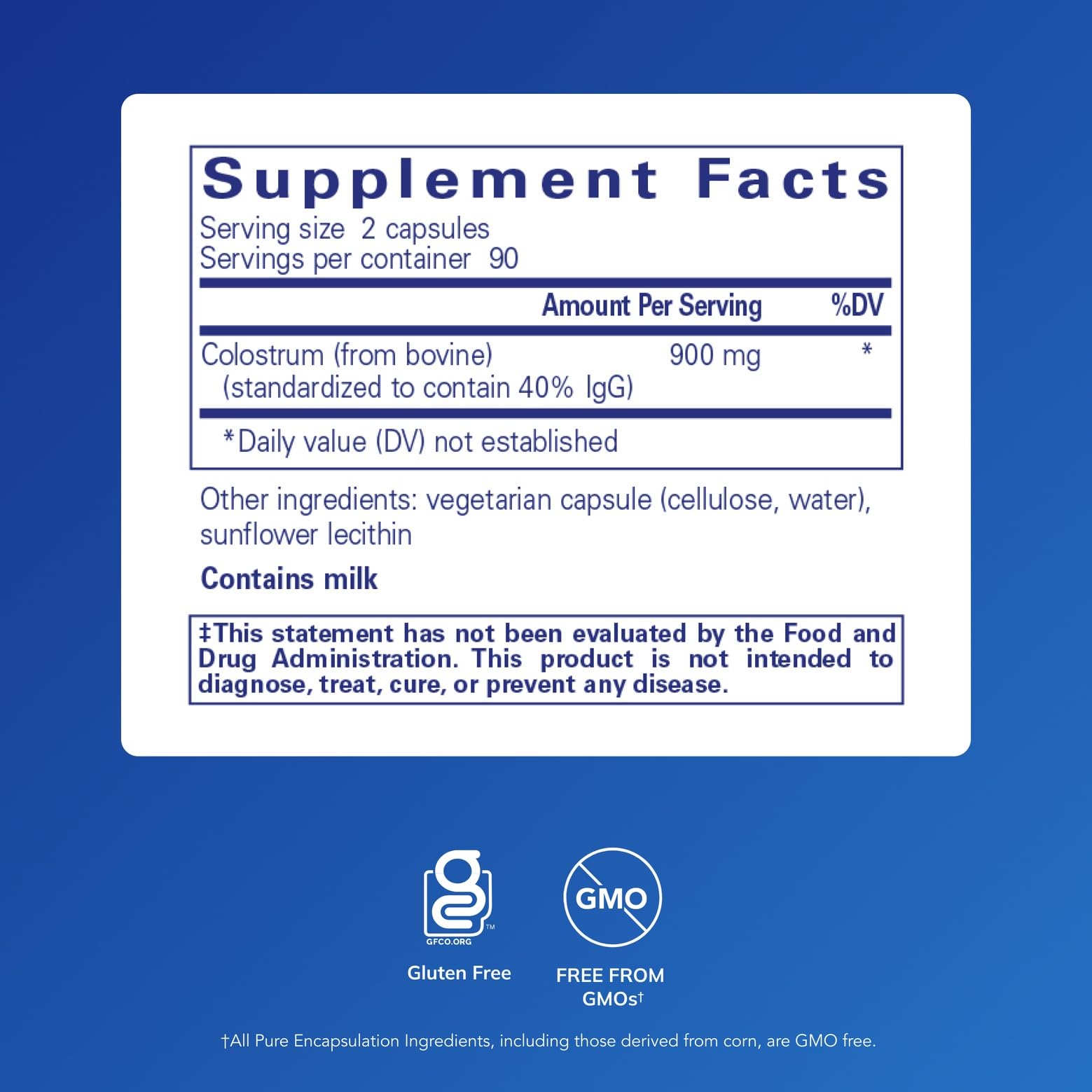 Product label for Pure Encapsulations Colostrum 180 capsules