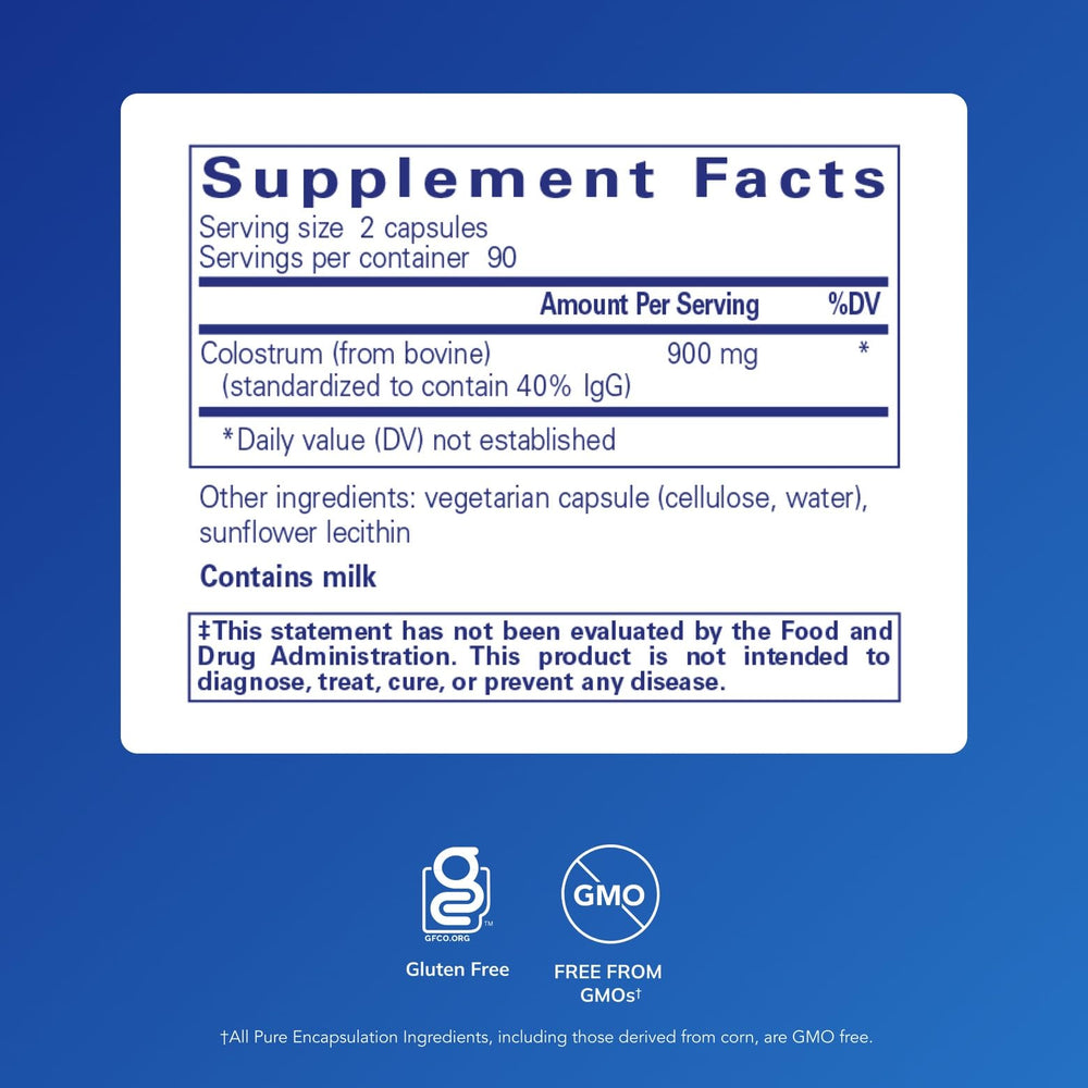 Product label for Pure Encapsulations Colostrum 180 capsules
