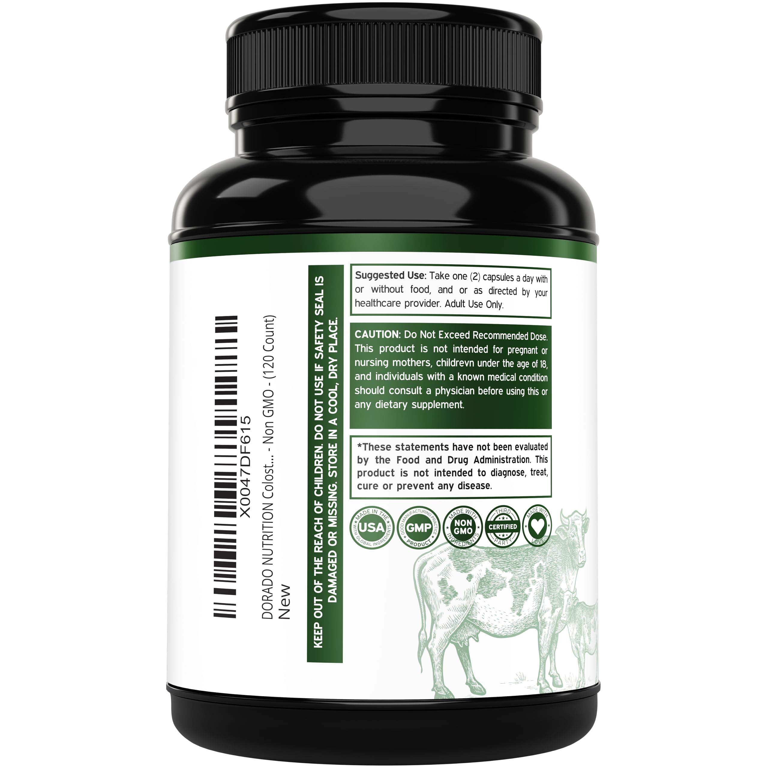 Close-up of colostrum capsules showing 1000mg per serving.