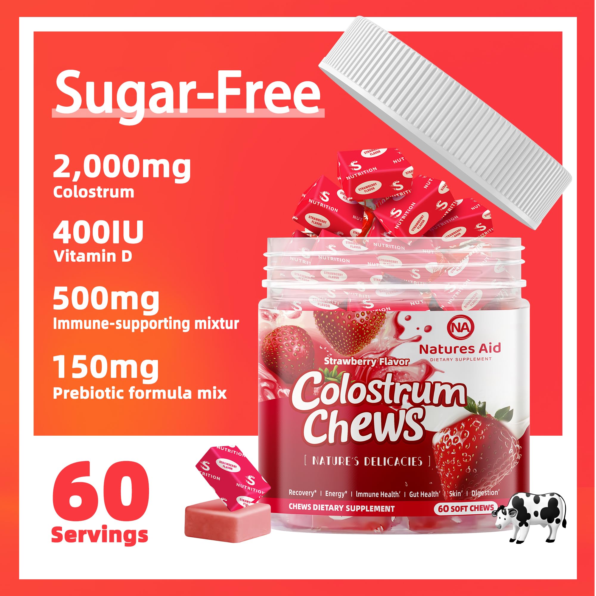 Nutrition facts panel for Colostrum Chews Strawberry flavor