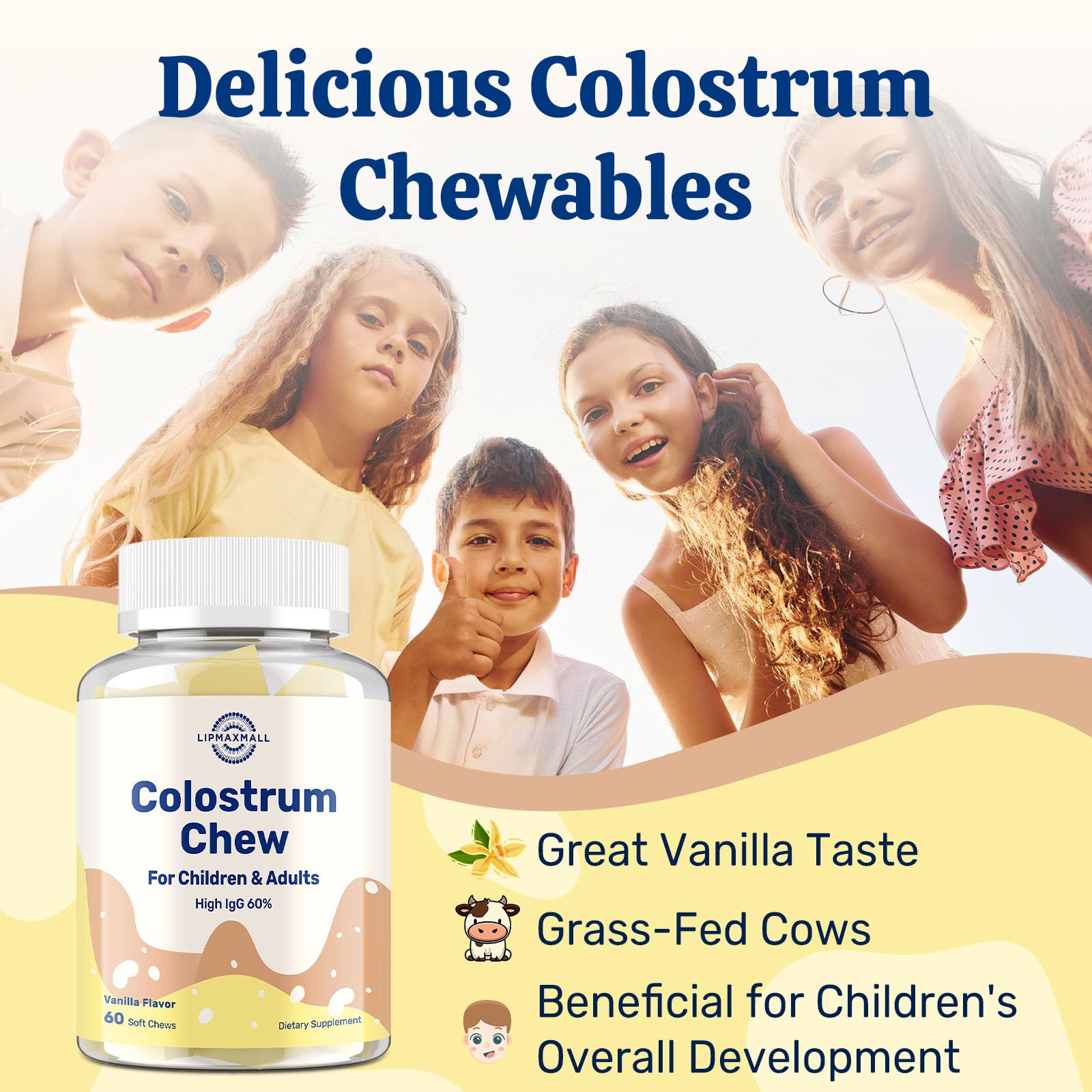 Two bottles of Bovine Colostrum Chews Vanilla on countertop