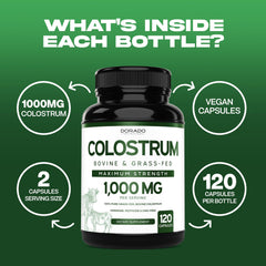 Label highlighting 20% IgG immunoglobulins in the Colostrum supplement.