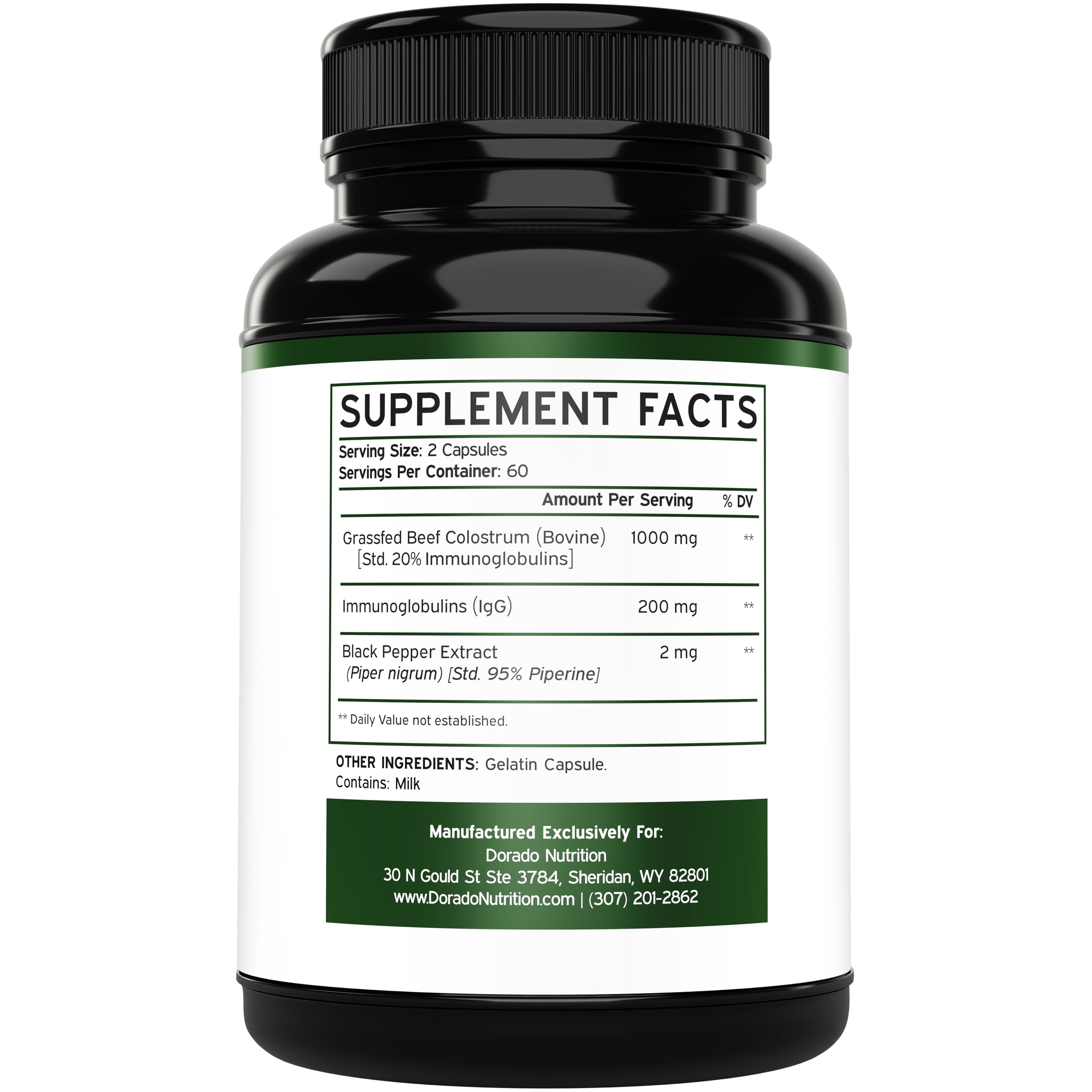 Colostrum supplement packaging back label with ingredients and nutrition facts.