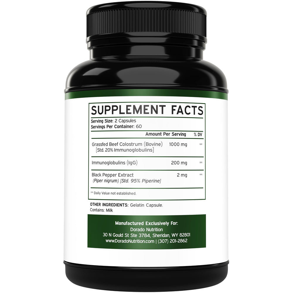 Colostrum supplement packaging back label with ingredients and nutrition facts.
