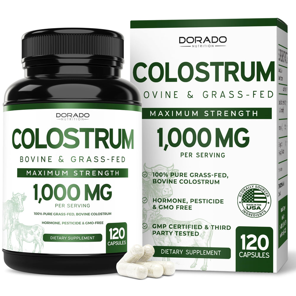 Colostrum supplement packaging front with branding and serving size.