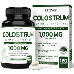 Colostrum supplement packaging front with branding and serving size.