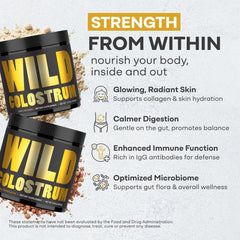 2g scoop of colostrum powder showing 60 servings per tub