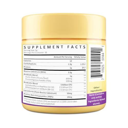 Back label with nutrition facts for Colostrum Powder 5000 mg