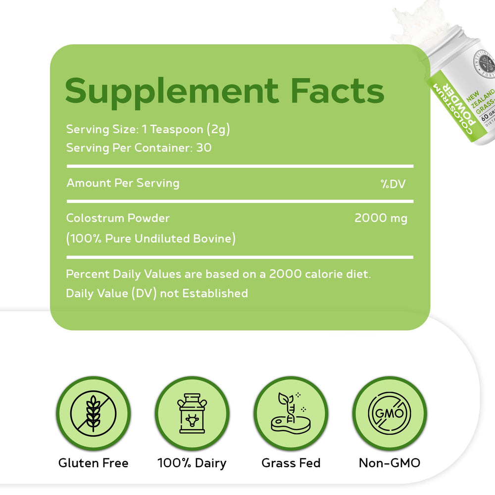 Grass-fed, hormone-free, GMO-free colostrum powder jar
