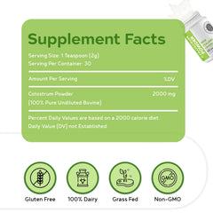Grass-fed, hormone-free, GMO-free colostrum powder jar