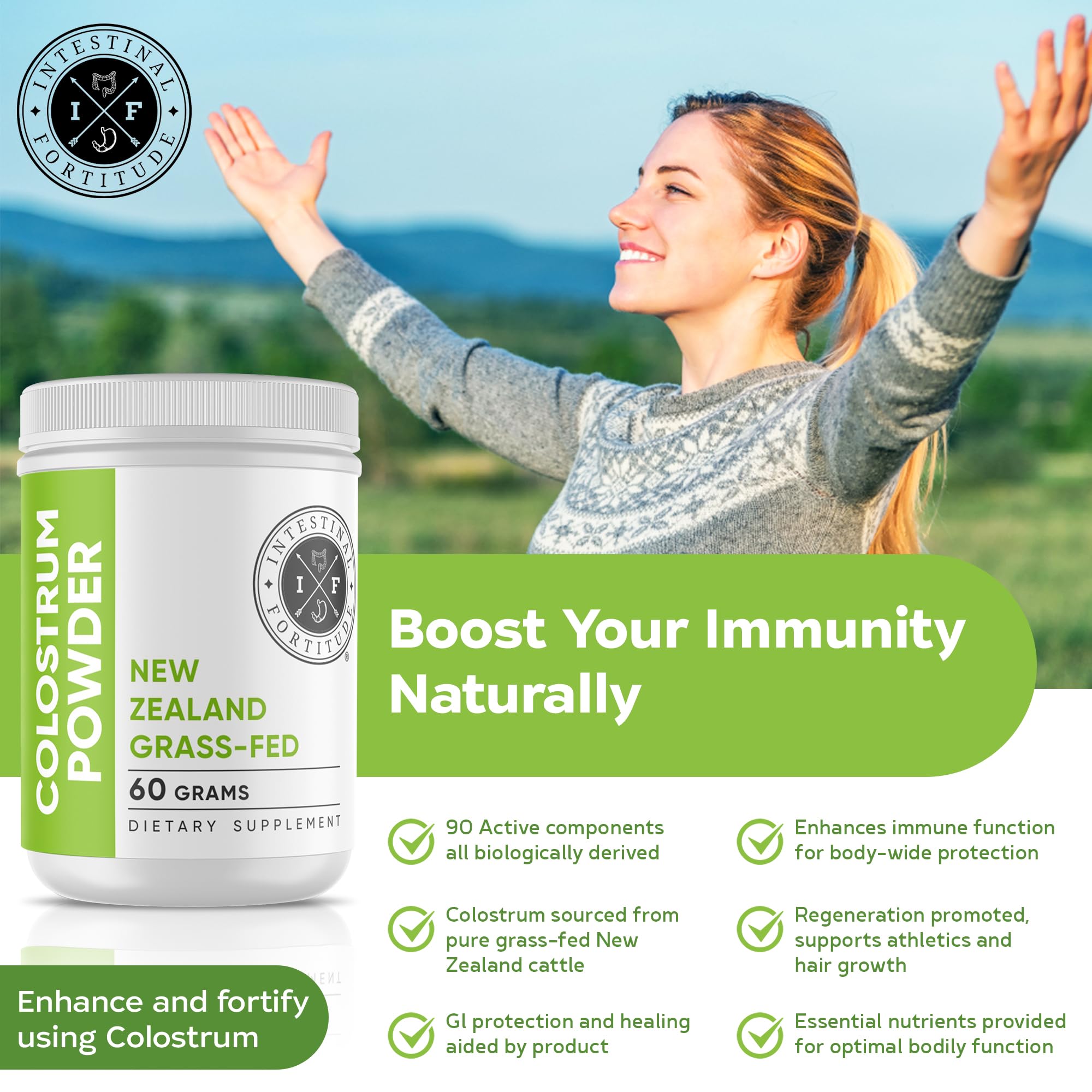 Colostrum powder packaging and scoop on a clean surface