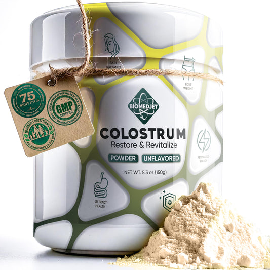 BIOMEDJET Colostrum Powder bottle with scoop on white background