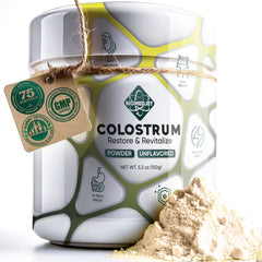 BIOMEDJET Colostrum Powder bottle with scoop on white background