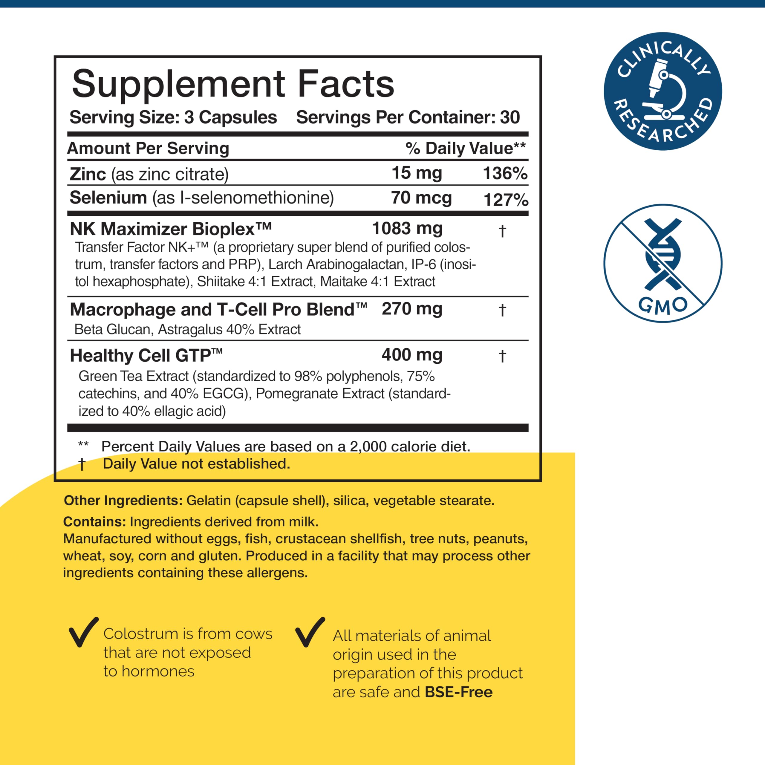 Bovine colostrum and transfer factor ingredients