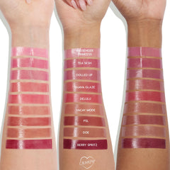 ColourPop Dolled Up applied on lips for non-sticky, smooth shine.