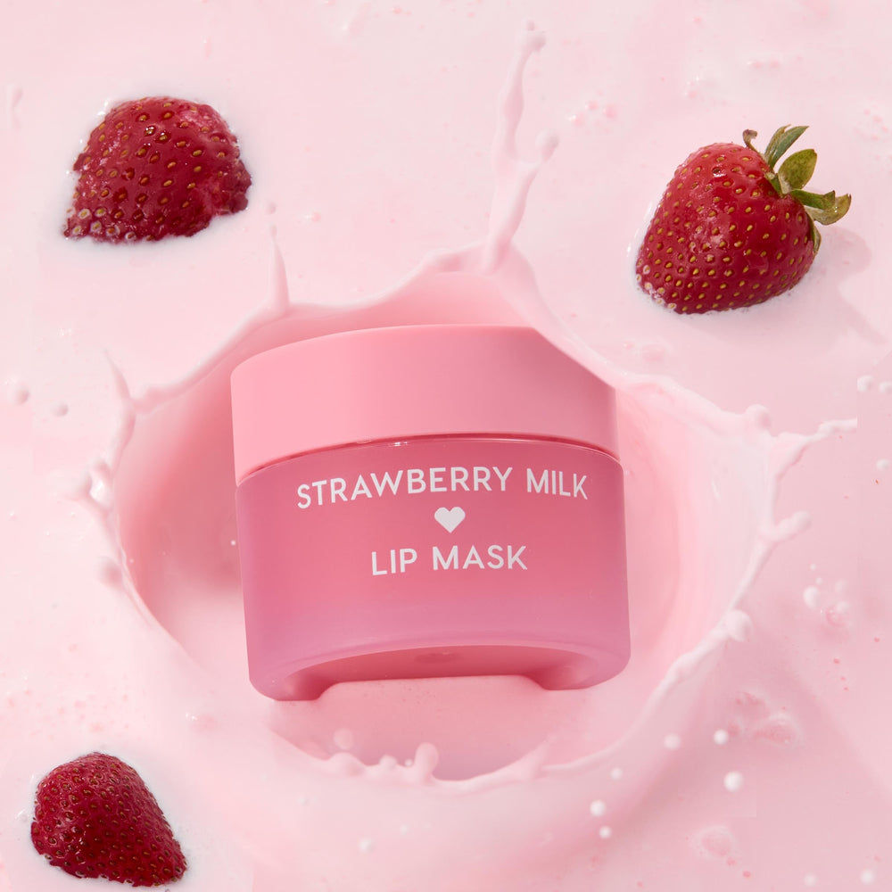 Strawberry Milk flavor lip mask on lips for gentle aroma.