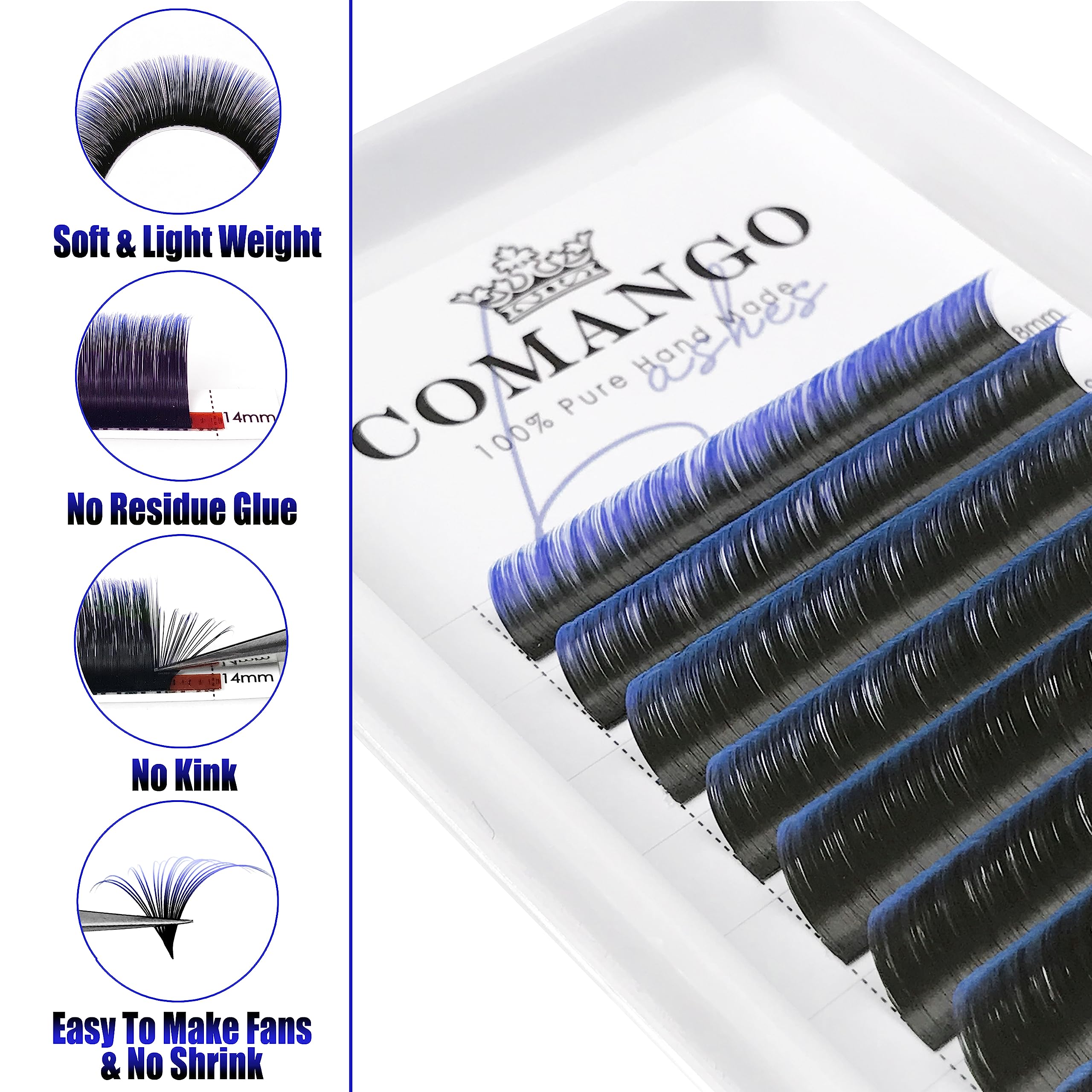CoMango Blue Ombre lashes show vibrant color without overpowering eyes.