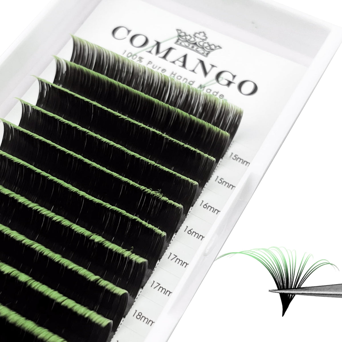 CoMango ombre green lash extensions from root to tip for subtle color