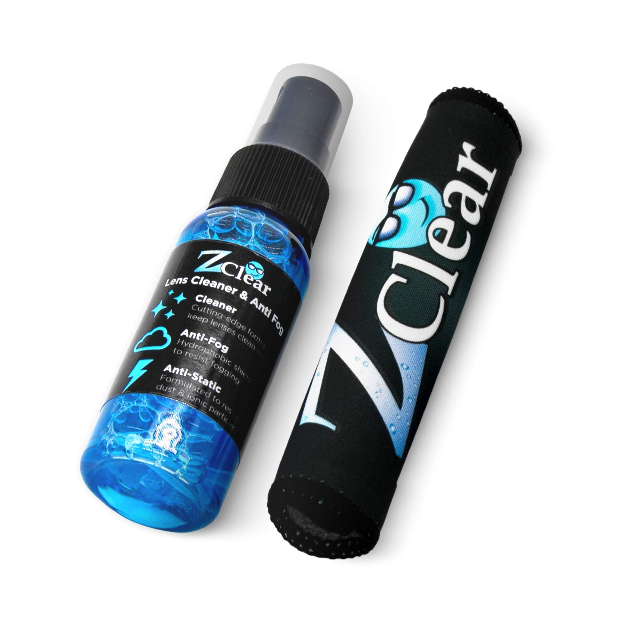 Combo pack front view with 1oz antifog spray and microfiber cloth