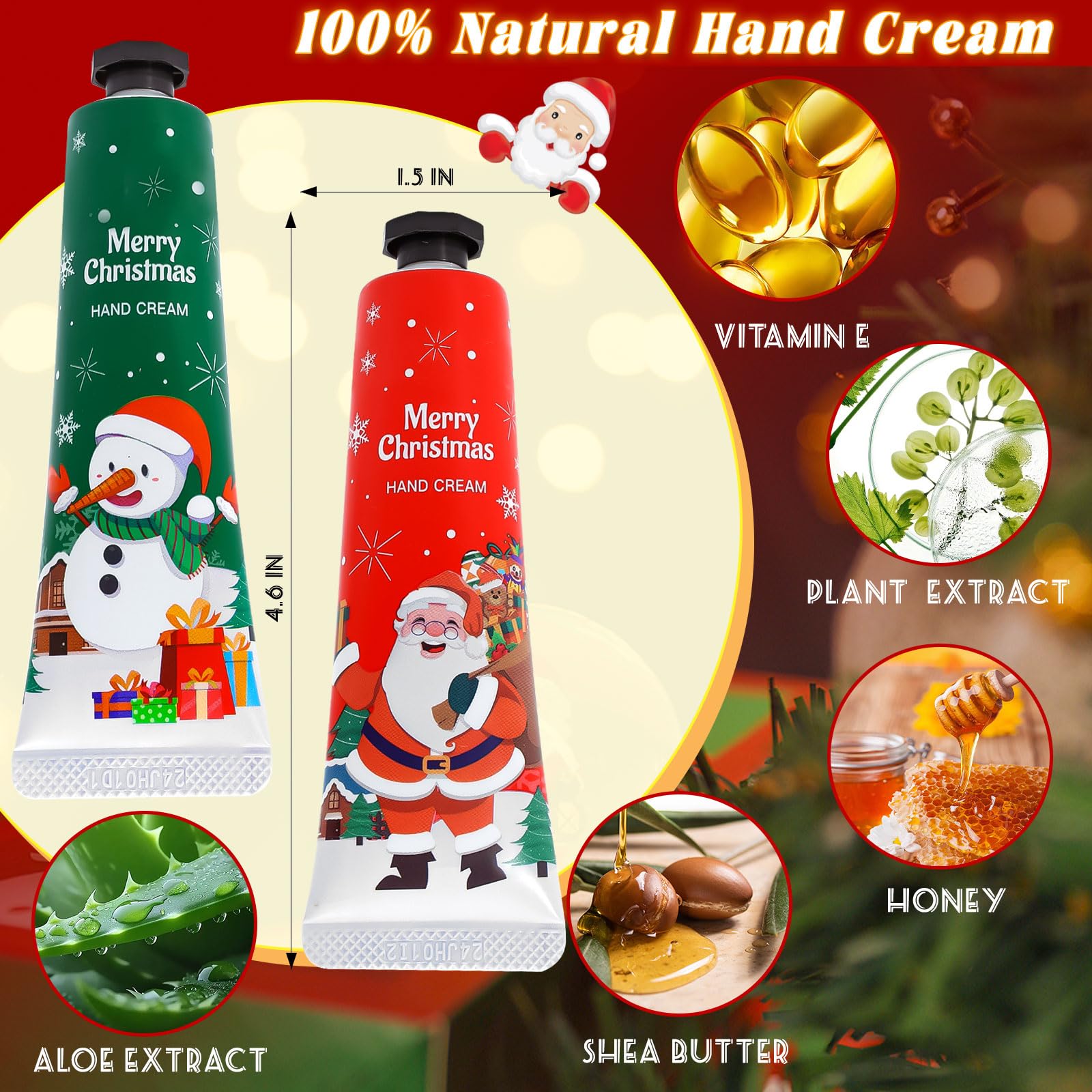 Close-up of festive patterns on Comdian hand creams