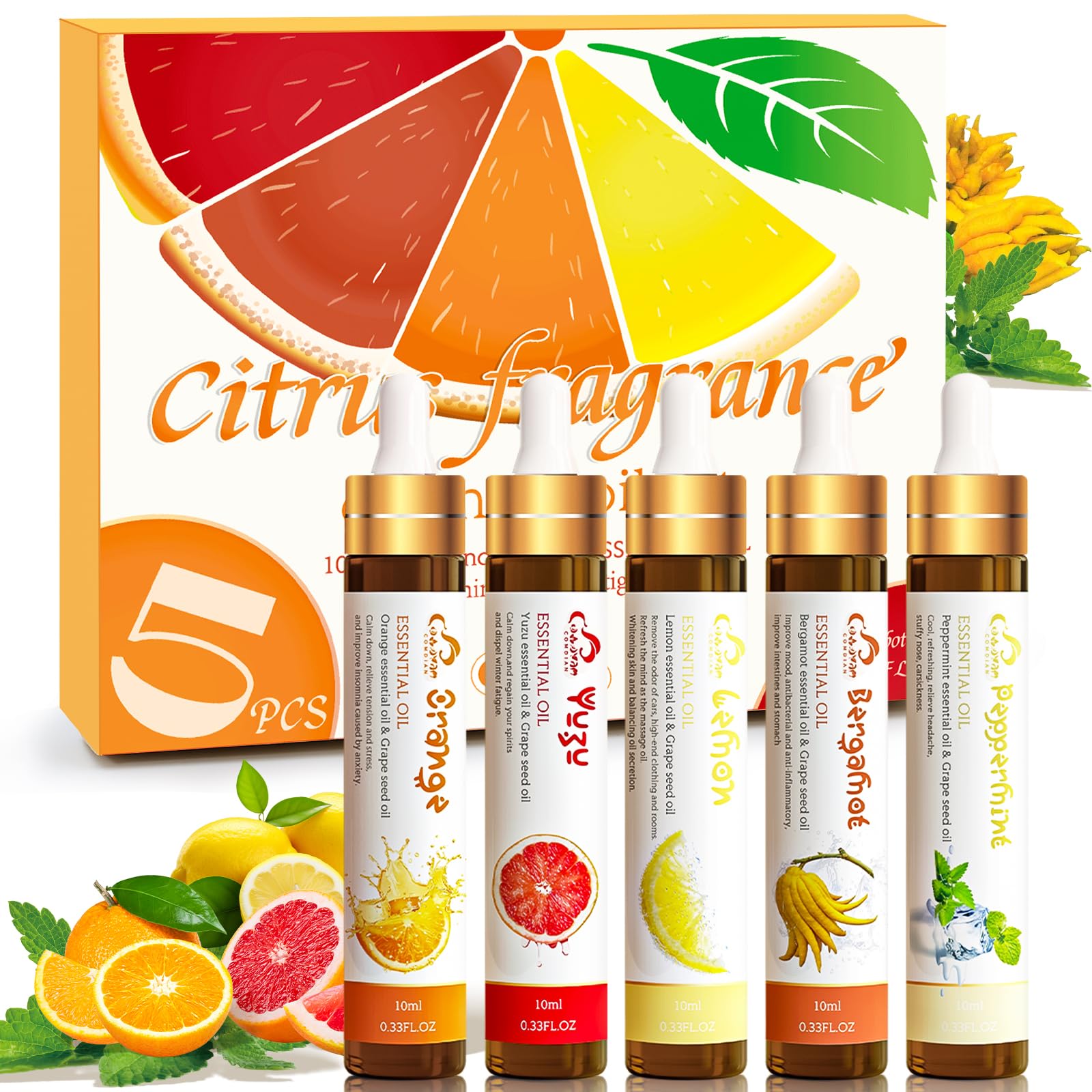 Comdian 5-piece citrus essential oils set in amber bottles