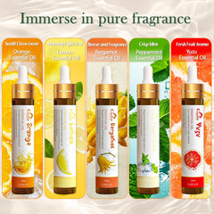 Five citrus essential oils: orange, yuzu, lemon, bergamot, peppermint