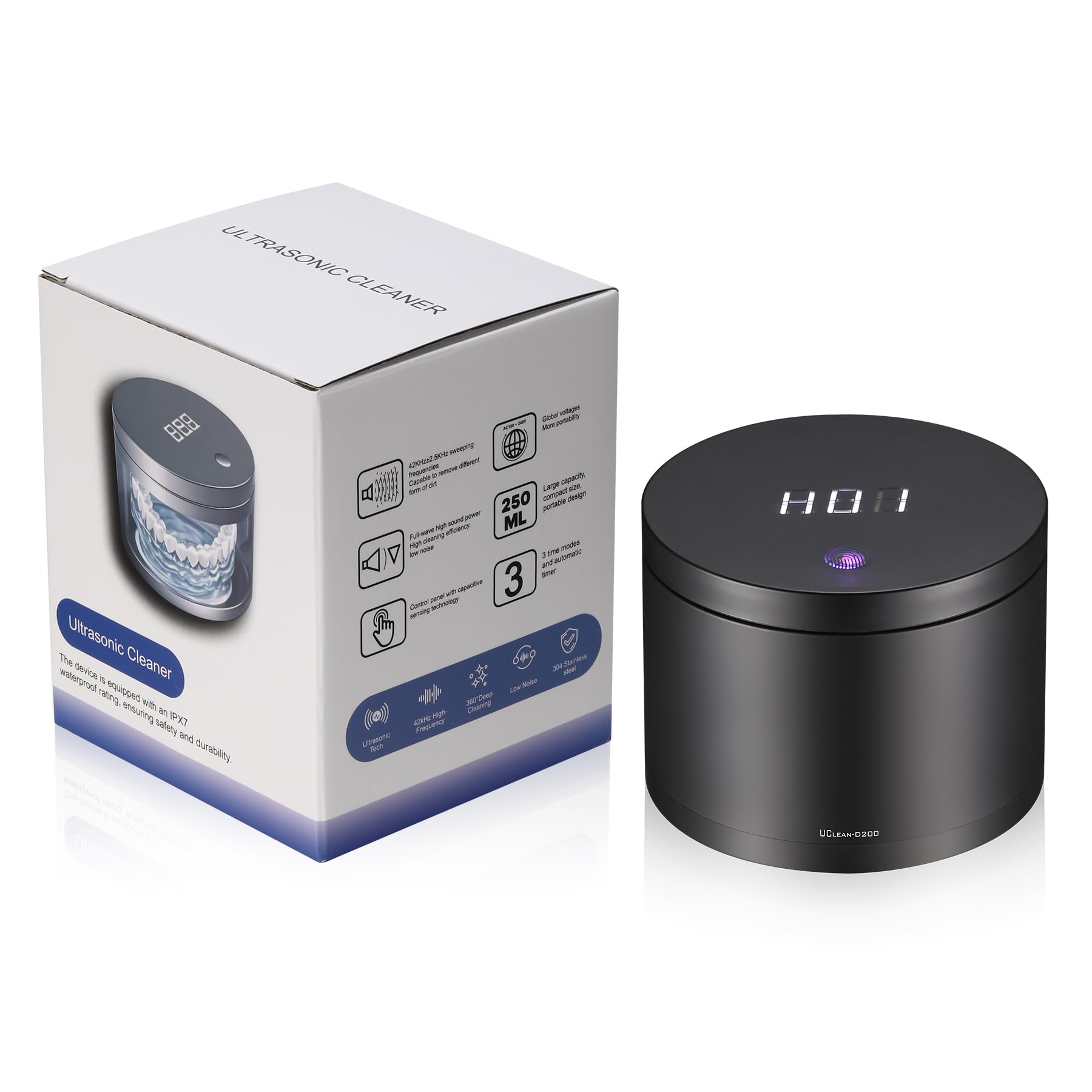 Compact 250ml ultrasonic cleaner ideal for jewelry, dentures, and watches