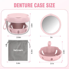 Compact 3.7 x 3.7 x 2.9 inch denture box with wrist strap