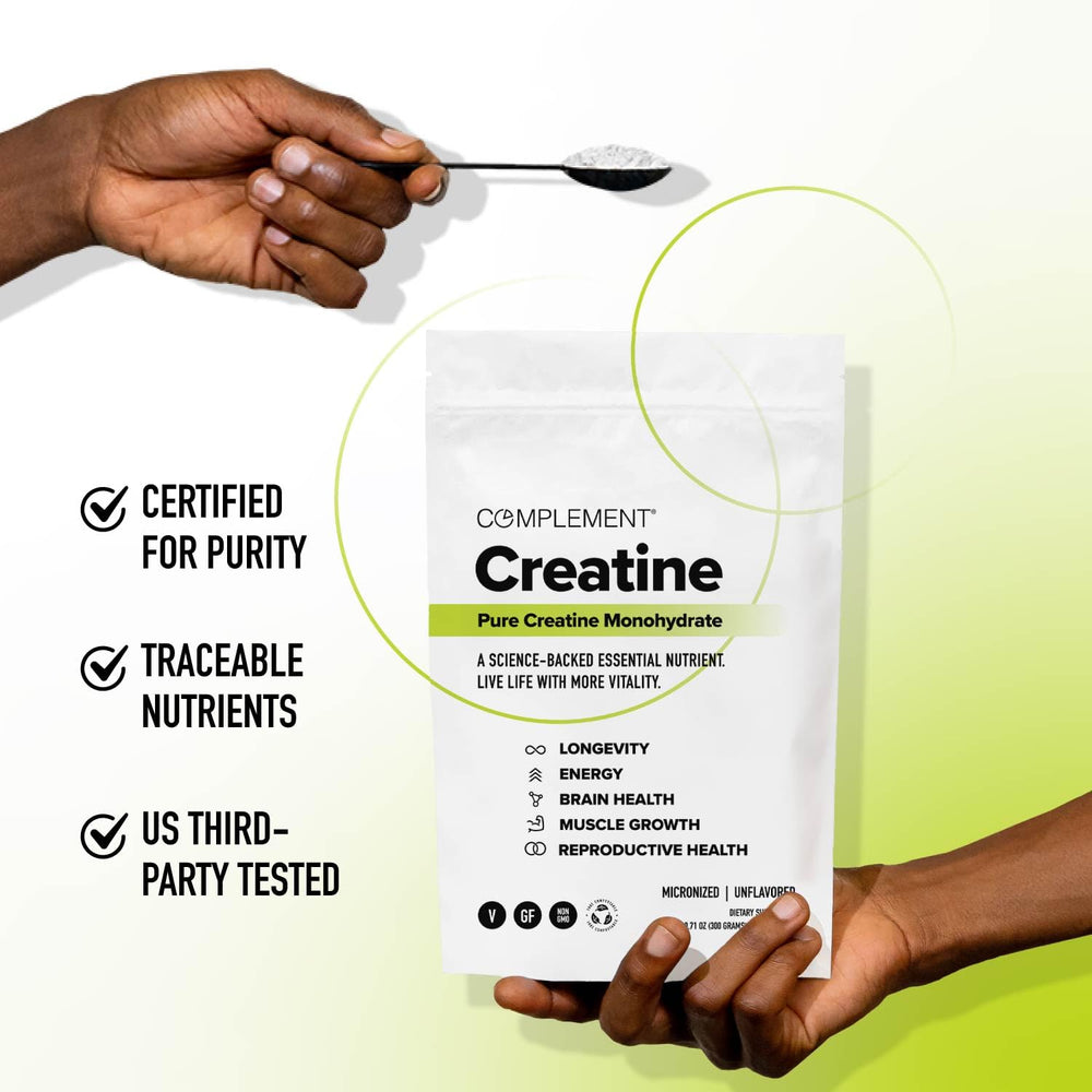 Complement Creatine Monohydrate Micronized packaging highlights no scoop design.