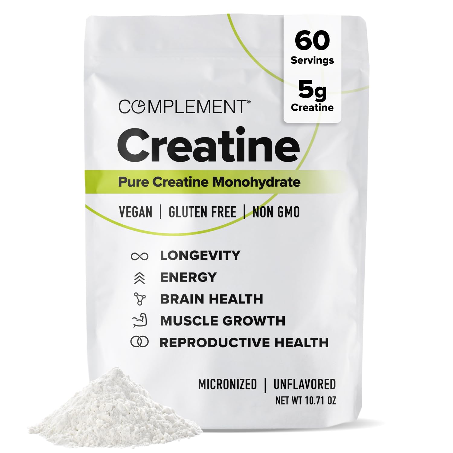 Complement Creatine Monohydrate Micronized powder being poured for quick energy support.