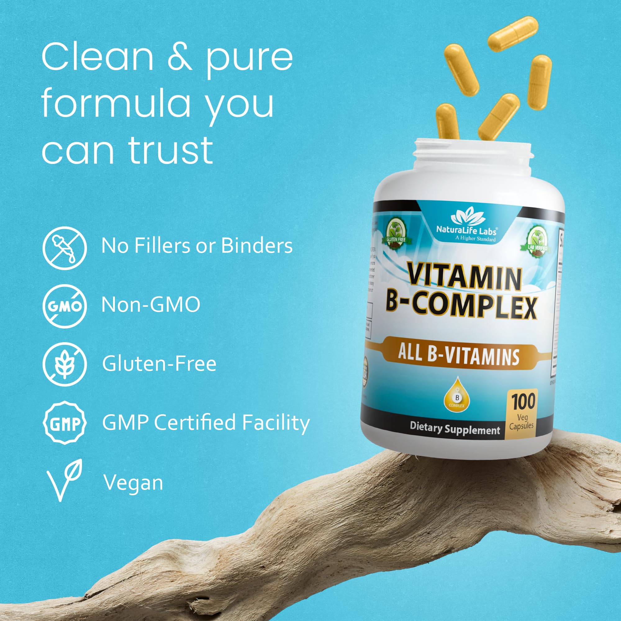 Close-up of vegan capsules and NaturaLife Labs B-Complex packaging