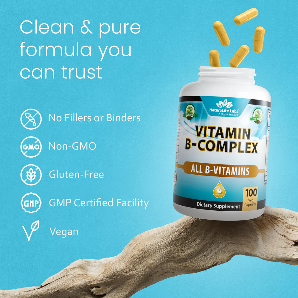 Close-up of vegan capsules and NaturaLife Labs B-Complex packaging