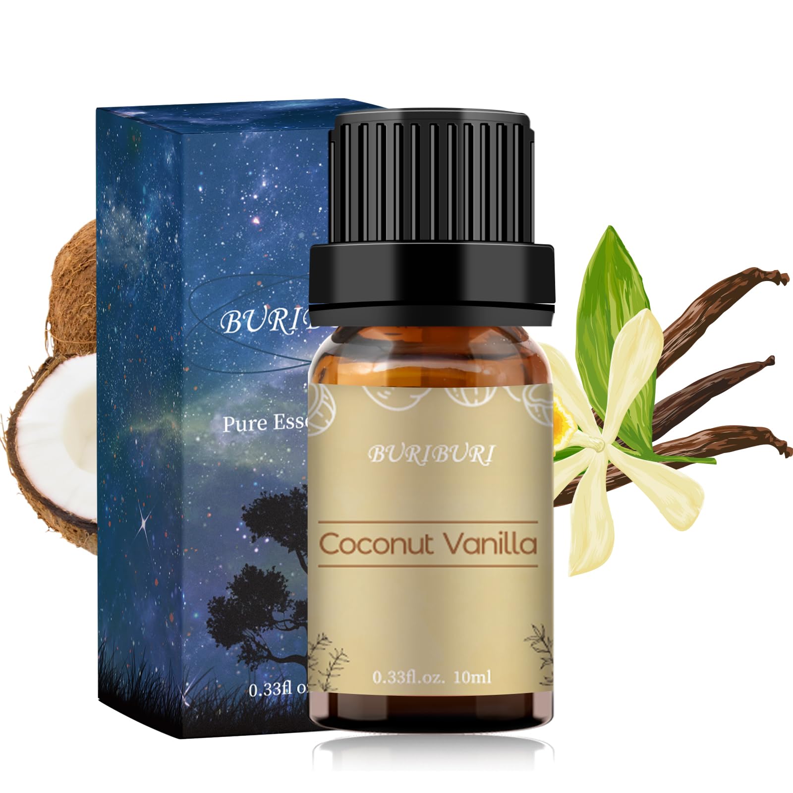 BURIBURI coconut vanilla essential oil packaging and bottle