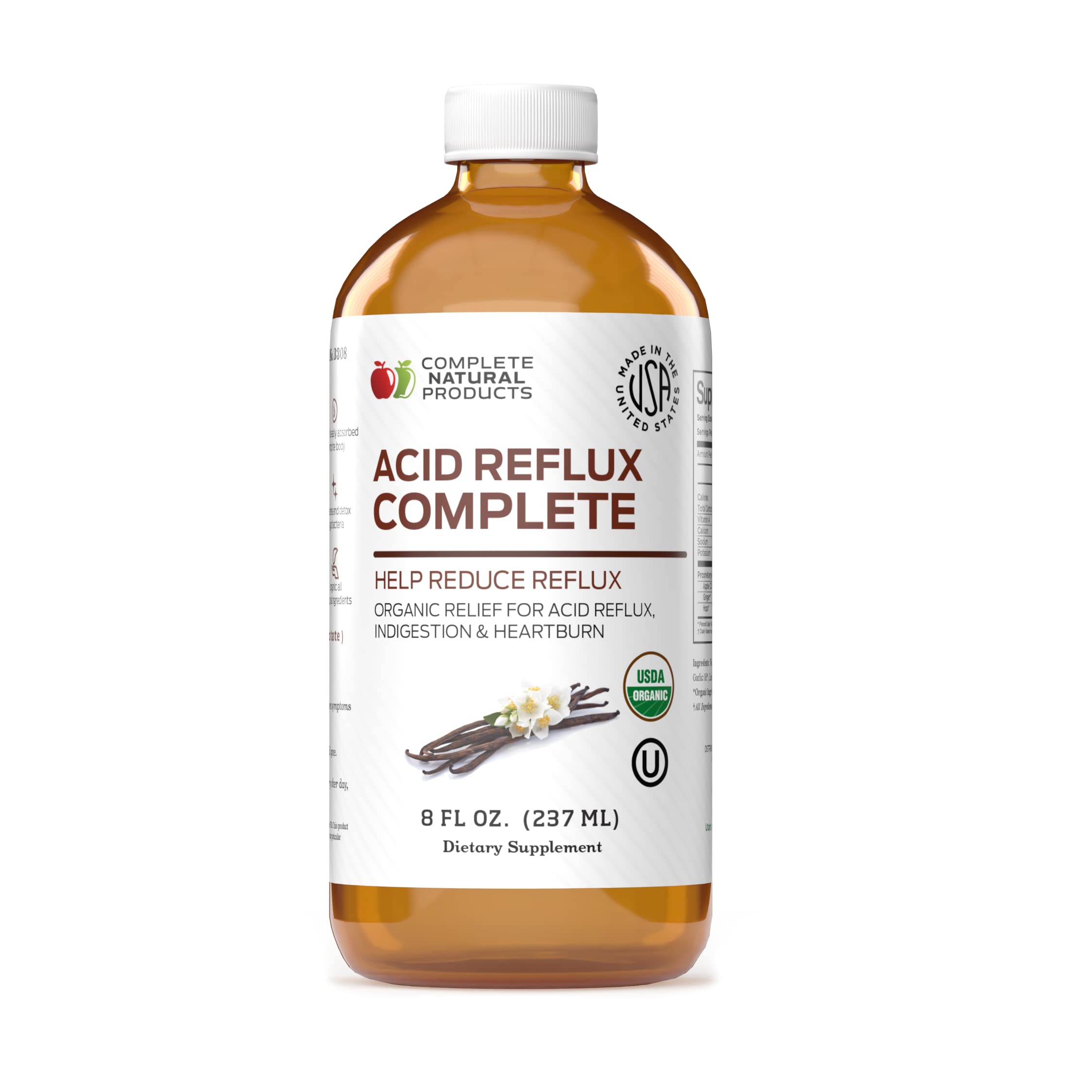 Complete Natural Products Acid Reflux bottle—organic formula for after-meal comfort.