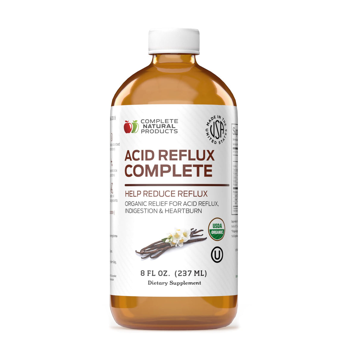 Complete Natural Products Acid Reflux bottle—organic formula for after-meal comfort.