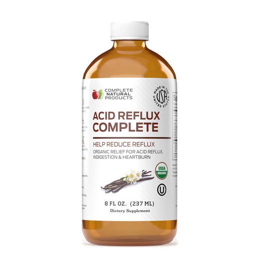 Complete Natural Products Acid Reflux bottle—organic formula for after-meal comfort.