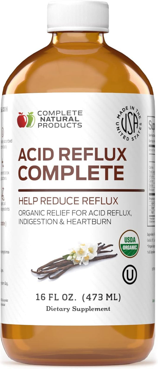 Complete Natural Products Acid Reflux Complete bottle shows organic formula for potential heartburn relief