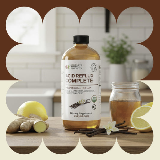 Complete Natural Products Acid Reflux Complete bottle highlights easy to take liquid taste