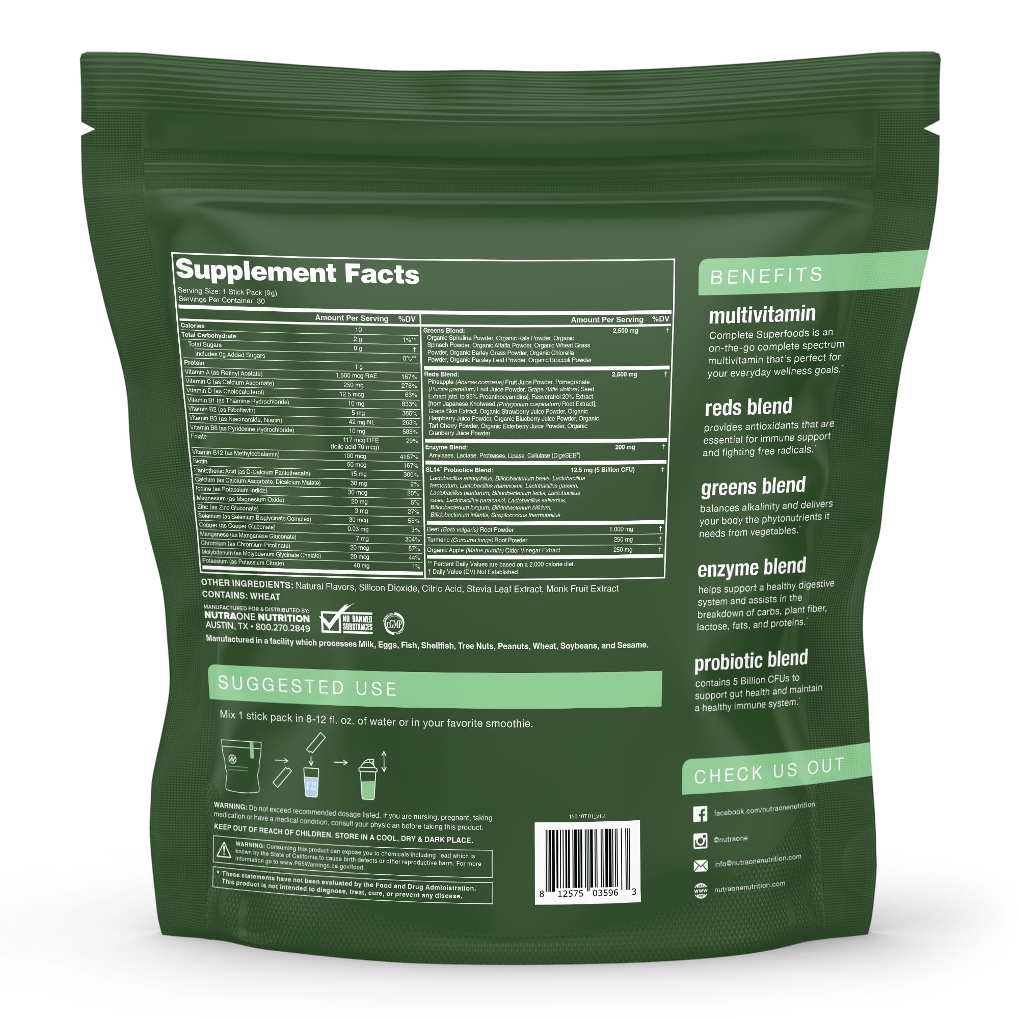 Back view of Complete Superfoods Pineapple Strawberry stick pack