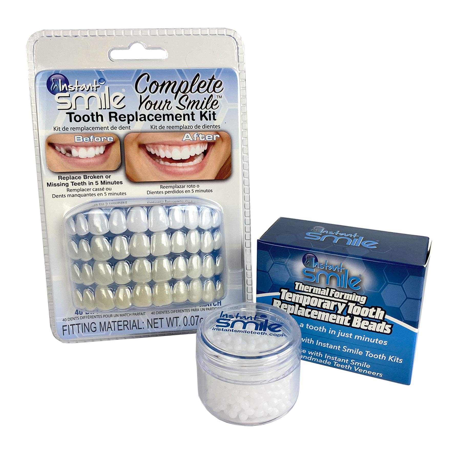 Deluxe Complete Your Smile kit showing rows of 10 teeth in assorted shapes and shades.