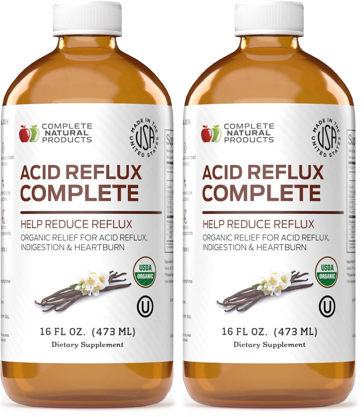 Complete Natural Products Acid Reflux Complete bottle highlights organic ingredients for natural heartburn relief.