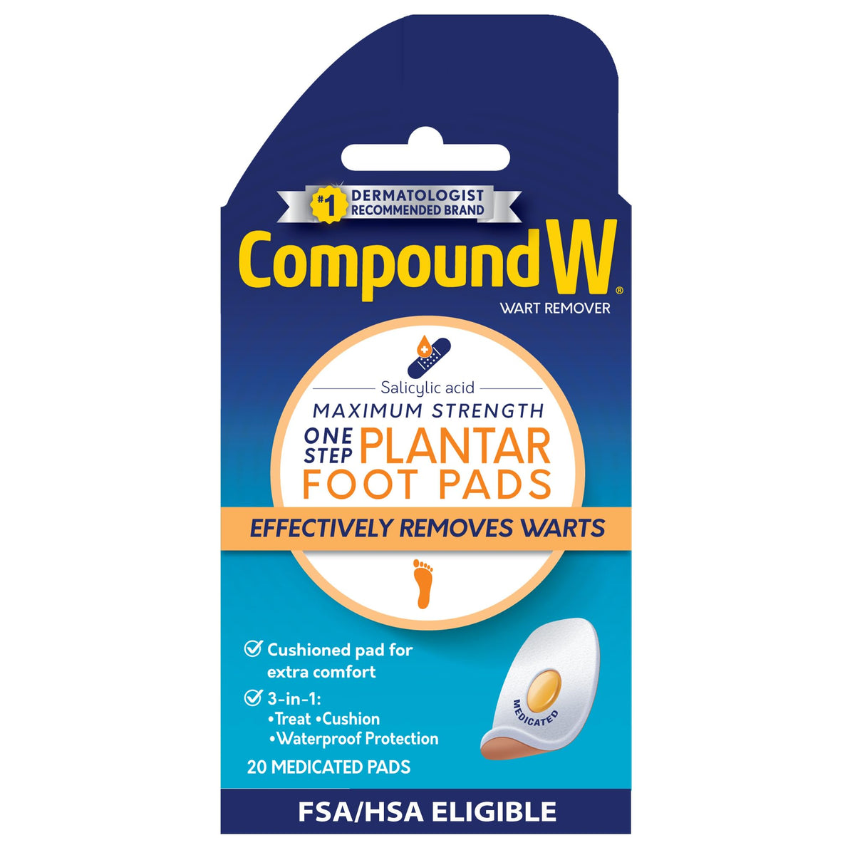 Compound W Maximum Strength One Step plantar foot pads packaging shows at-home wart solution convenience.